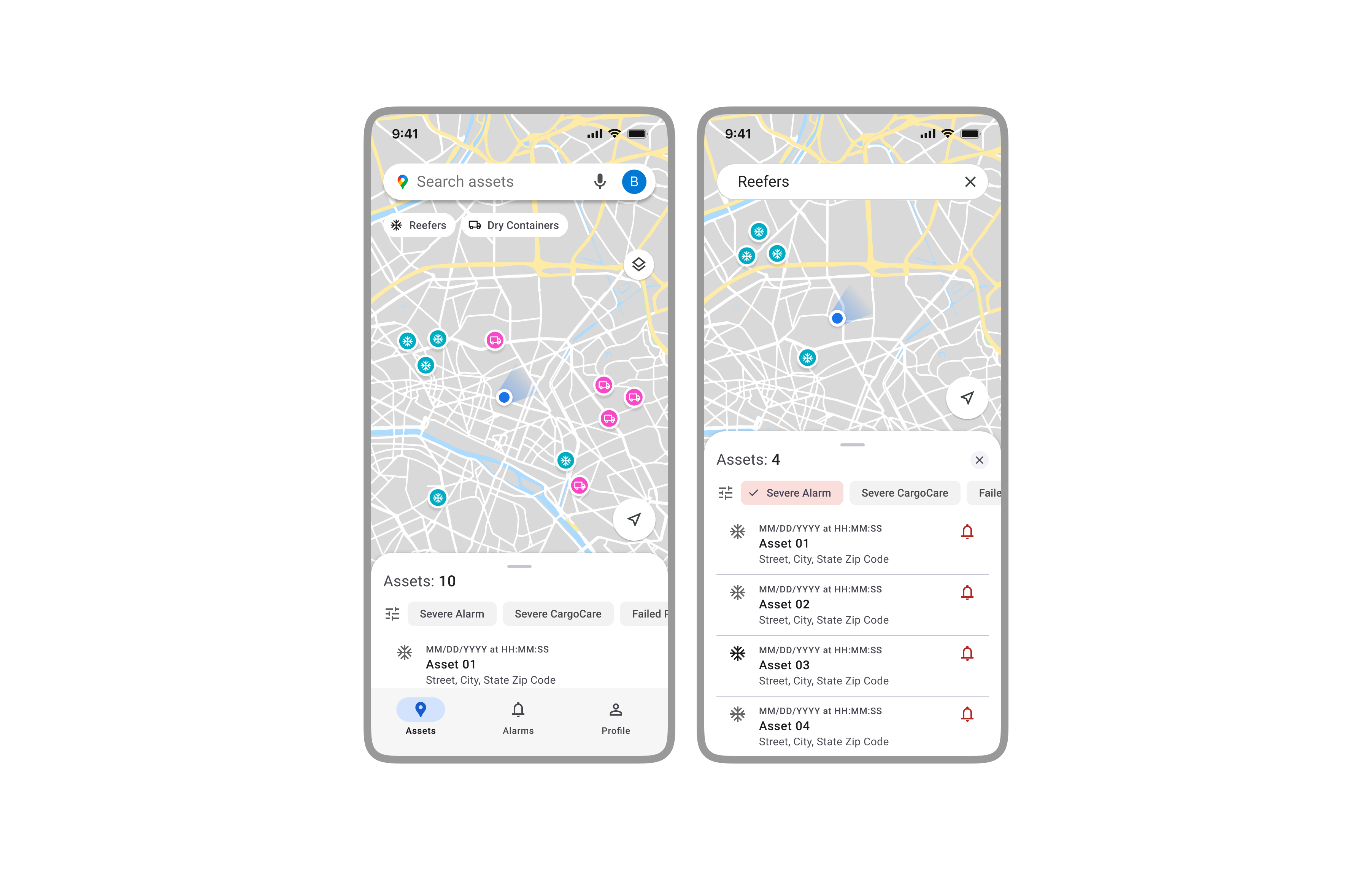Mobile app interface with a map showing asset pins, chip-style alarm filters, and a scrollable bottom sheet listing assets with alert status.